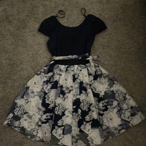 Navy blue dress with flower detailing